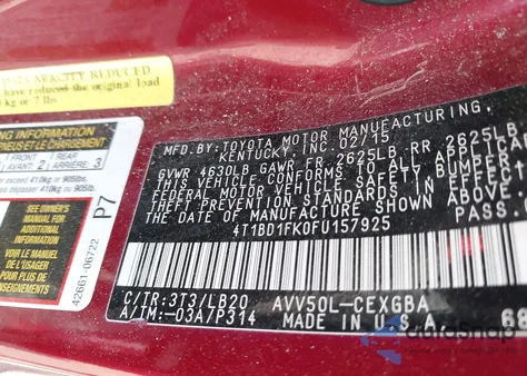 2015 Toyota Camry Hybrid Xle из США, поврежденный, VIN 4T1BD1FK0FU157925